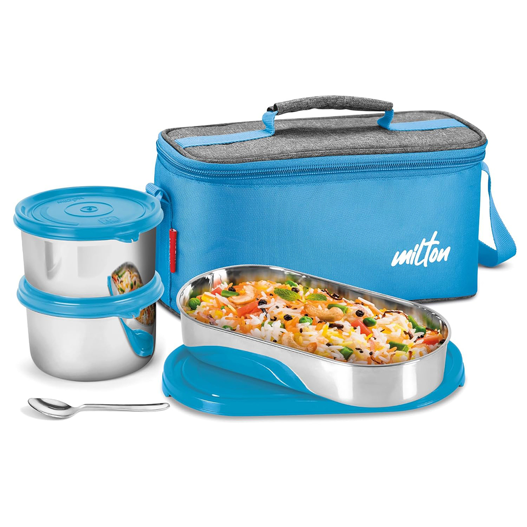 MILTON Steel Smart Lunch Box (2 Round Inner Steel Containers 500ml Each, 1 Oval Container 675ml; Spoon) with Insulated Fabric Bag, Leak Proof, Odour Proof, Easy to Carry, Food Grade