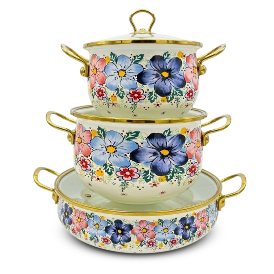Floral Enamel 3 Peice Cookware Set With 3 Peice Glass Lid -Induction Compatible- For All Types Of Stove Tops